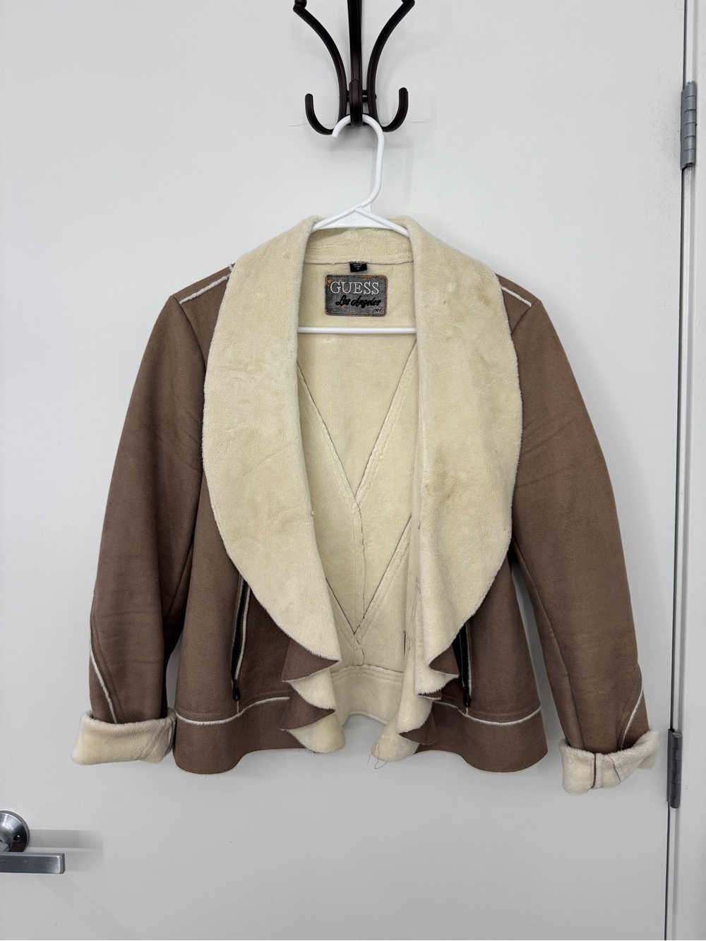 GUESS Brown Suede-Look Jacket with Cream Shearling Trim